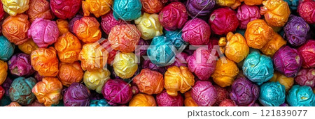 Rainbow popcorn, showcasing different flavors and textures. Ready for movie night or a snack 121839077