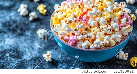 Rainbow popcorn, showcasing different flavors and textures. Ready for movie night or a snack 121839081
