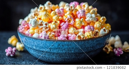 Rainbow popcorn, showcasing different flavors and textures. Ready for movie night or a snack 121839082