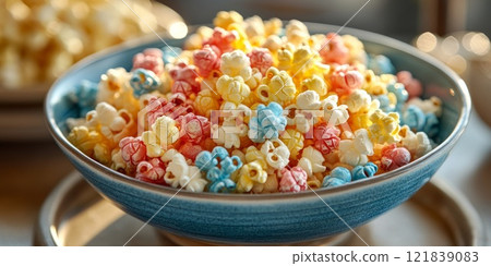 Rainbow popcorn, showcasing different flavors and textures. Ready for movie night or a snack 121839083
