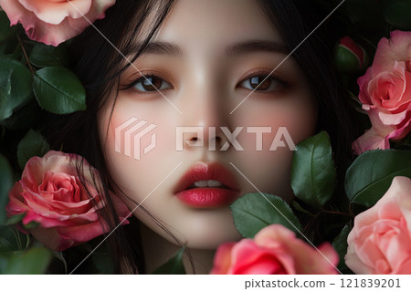 Asian woman surrounded by roses 121839201