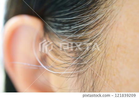 Prominent gray hairs in the sideburns 121839209