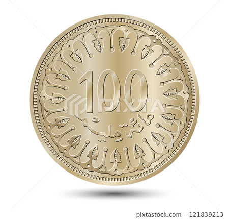 Tunisia one hundred millim vector coin on white isolated background. Reverse of Tunisia one hundred millim coin. Vector illustration. 121839213