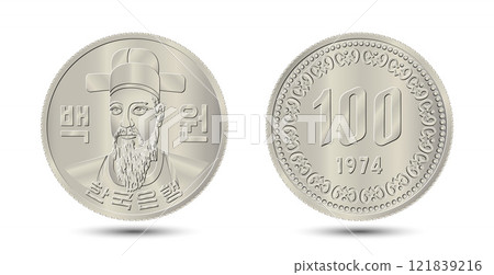 South Korea, 100 won, 1974. Reverse and obverse of South Korea one hundred won coin. Vector illustration. South Korea, 100 won, 1974. Reverse and obverse of South Korea one hundred won coin. Vector illustration. 121839216
