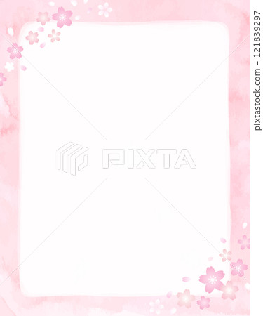 Pink frame with watercolor texture and cherry blossoms 121839297