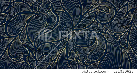 Vector leaf pattern gold line, art deco nature ornament, luxury foliage botanical background. Abstract texture plant design. Vector leaf pattern gold line, art deco nature ornament, luxury foliage botanical background. Abstract texture plant design. 121839623