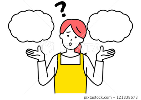 A woman in an apron wondering between two options A woman in an apron wondering between two options 121839678