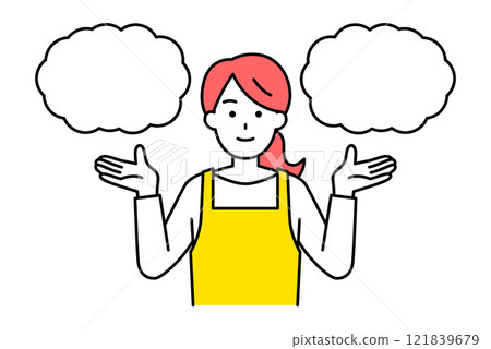 A woman in an apron offering two options 121839679