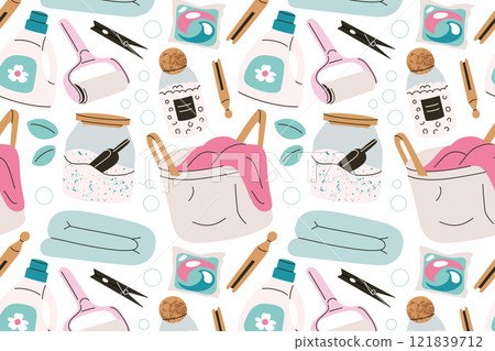 Seamless laundry pattern, vector illustrations in flat cartoon style, detergent bottles, clothespins, laundry baskets, washing powder, doodle capsules for washing, and lint rollers 121839712