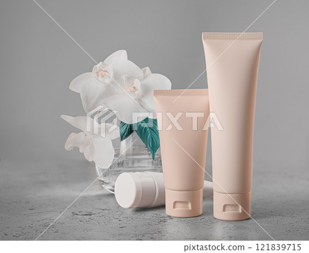 Minimalistic Pink Tubes on grey Background - Skincare or Cosmetic Product Mockup 121839715