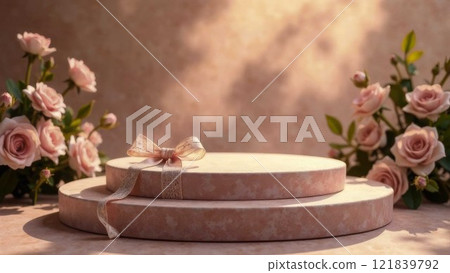 podium display, mocha background with flowers and gift box. Minimal pedestal for beauty, cosmetic product. Valentine, Women's day, Mother's day 121839792