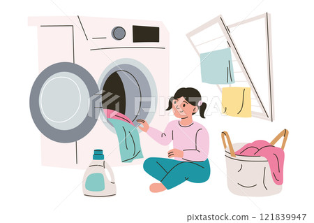 Vector illustration in flat cartoon style, little girl doing laundry, composition with washing machine, laundry basket, clothes drying rack, and detergent bottle, cute character, colored clipart 121839947