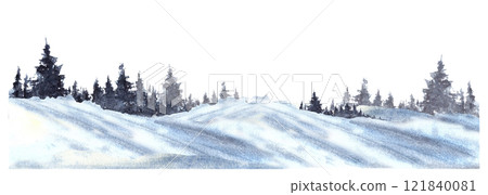 Watercolor Winter Landscape panorama. Snowy Hills, Pine, fir trees and frosty evergreen forest silhouette. Hand drawn watercolor illustration isolated from background clipart for greeting card print. Watercolor Winter Landscape panorama. Snowy Hills, Pine, fir trees and frosty evergreen forest silhouette. Hand drawn watercolor illustration isolated from background clipart for greeting card print. 121840081