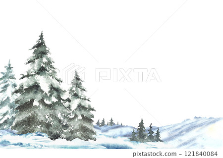 Winter Landscape with snow covered green spruces firs. Snowy Hills, snowdrifts and frosty evergreen forest. Hand drawn watercolor illustration isolated from the background. Clipart for holiday card. Winter Landscape with snow covered green spruces firs. Snowy Hills, snowdrifts and frosty evergreen forest. Hand drawn watercolor illustration isolated from the background. Clipart for holiday card. 121840084