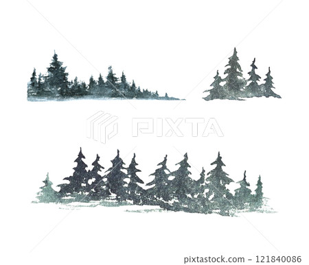 Spruce trees forest Silhouettes set. Snow Christmas fir trees, evergreen woods. Hand painted watercolor illustration isolated from background. Clipart in minimalistic style for landscape holiday card. 121840086
