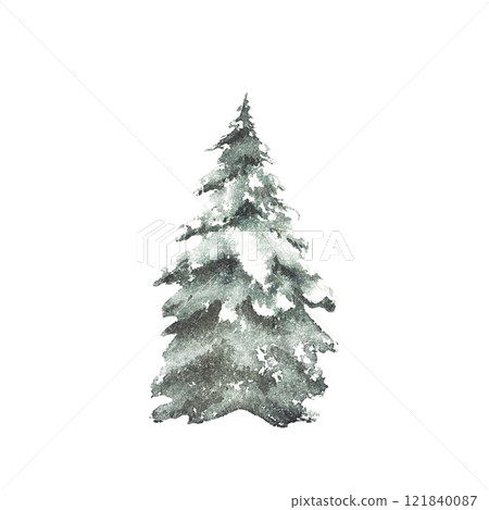 Spruce tree snow covered. Snowy winter Christmas fir. Hand painted watercolor illustration isolated object from background. Clipart for seasonal holiday design of Xmas card, poster, label, pattern. 121840087