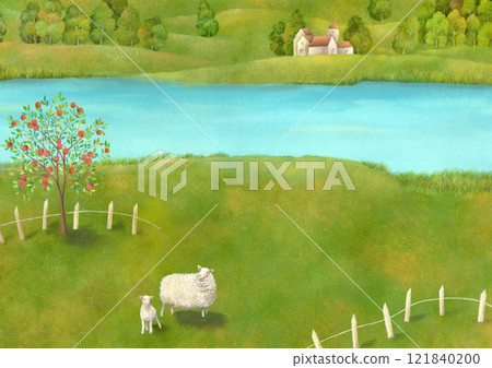 Watercolor illustration of a farm with sheep and their children Watercolor illustration of a farm with sheep and their children 121840200