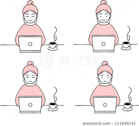 一群女性一邊喝咖啡一邊操作電腦 121840242