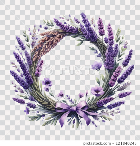 Watercolor Lavender Wreath. Hand drawn vector floral circle Frame on transparent background. 121840243