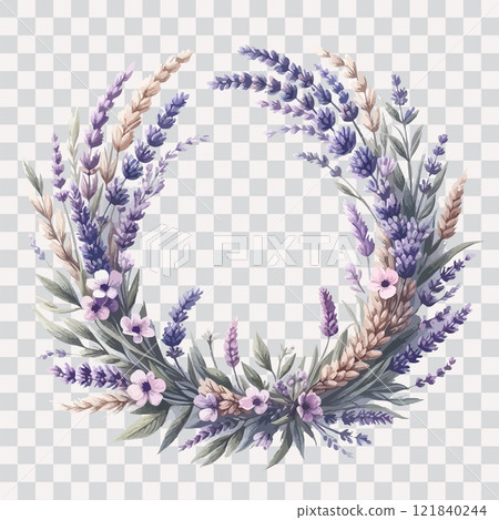 Watercolor Lavender Wreath. Hand drawn vector floral circle Frame on transparent background. 121840244