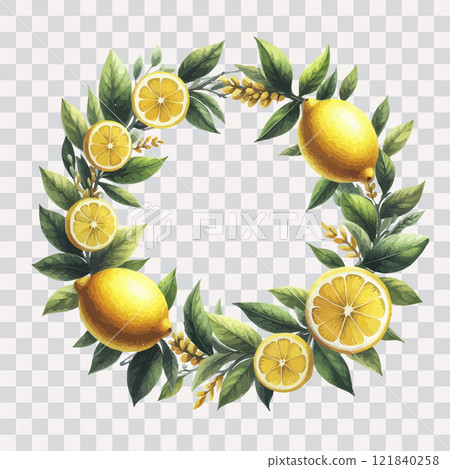 Watercolor Lemon Frame Border Wreath Clip art on transparent background. 121840258