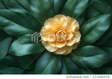 Vibrant Yellow Flower on Lush Green Leaves Nature's Beauty and Tranquility Generative AI 121840379