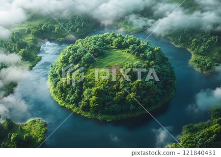 Lush Island Oasis Surrounded by Misty Waters in Serene Atmosphere Generative AI 121840431