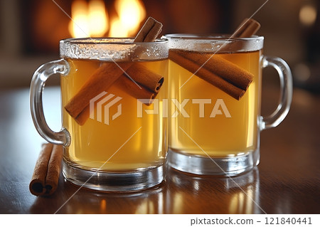 Warm Cinnamon-Spiced Apple Cider by the Fireplace - Cozy Autumn Beverage for Relaxation and Comfort Generative AI 121840441