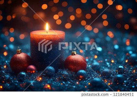 Festive Candle and Baubles with a Glittering Holiday Background for Christmas Decor Generative AI 121840451