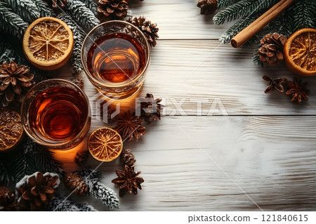 Winter Holiday Beverage Scene with Cinnamon and Dried Oranges for Festive Design Generative AI 121840615