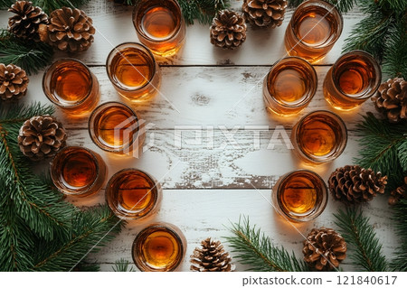 Festive Holiday Arrangement with Whiskey Glasses, Pine Cones, and Evergreen Branches Generative AI 121840617