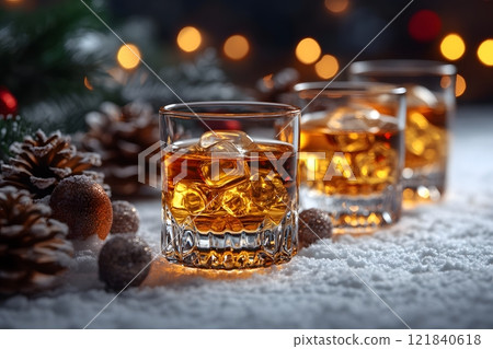 Winter Holiday Celebration with Whiskey Glasses on Snowy Surface Perfect for Festive Greeting Cards Generative AI 121840618