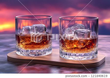 Sunset Whiskey Experience: Two Glasses of Whiskey with Ice on Wooden Tray Generative AI 121840619