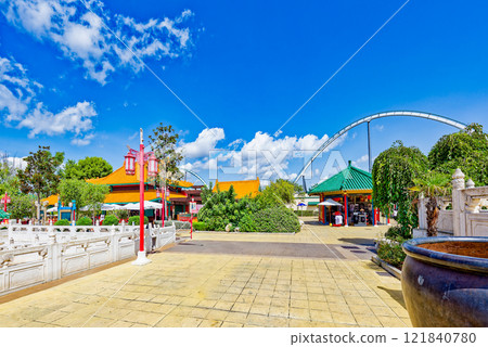Beautiful landscape of humid tropical jungle amusement park. Beautiful landscape of humid tropical jungle amusement park. 121840780