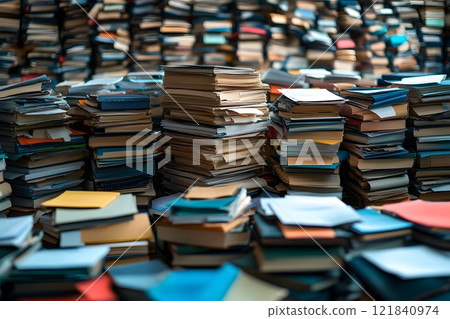 Endless Piles of Colorful Books and Documents in a Cluttered Archive Generative AI 121840974