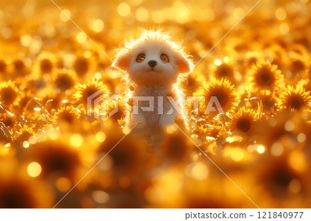 Adorable Puppy in Sunflower Field at Golden Hour for Stock Photography and Wall Art Generative AI Adorable Puppy in Sunflower Field at Golden Hour for Stock Photography and Wall Art Generative AI 121840977
