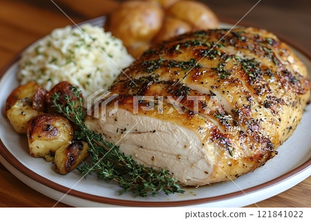 Herb-Crusted Roasted Turkey Breast with Vegetables and Rice for Thanksgiving Dinner Generative AI 121841022