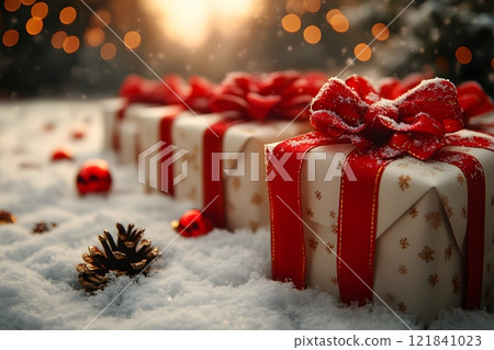 Festive Christmas Gifts in Snow with Warm Holiday Lights for Seasonal Celebration Design Generative AI 121841023