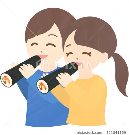Illustration of a man and woman eating ehomaki with a smile Vector Setsubun 121841169