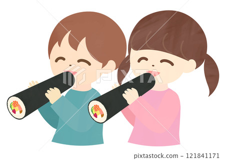 Smiling children eating ehomaki, boys and girls, vector illustration 121841171