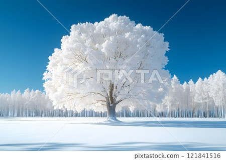 Majestic Winter Wonderland Scene with Frosty Tree in Snowy Landscape Generative AI 121841516
