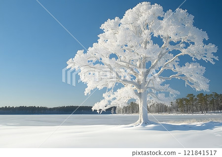 Majestic Winter Landscape with Frost-Covered Tree by Tranquil Lake Generative AI 121841517