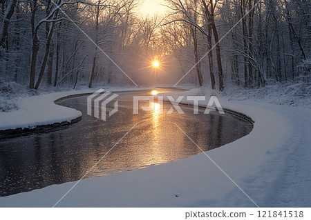 Tranquil Winter Sunrise Over Snowy Forest Stream Nature's Serene Beauty for Seasonal Decor and Inspiration Generative AI 121841518