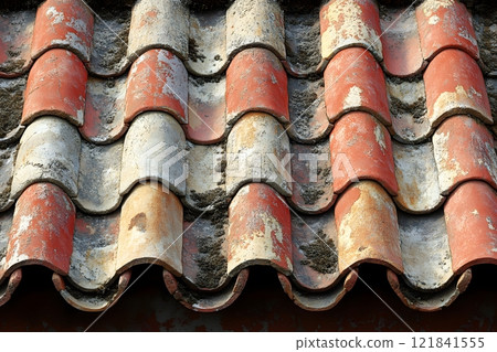 Weathered Vintage Roof Tiles with Moss Highlights Ideal for Architectural Design and Restoration Projects Generative AI 121841555