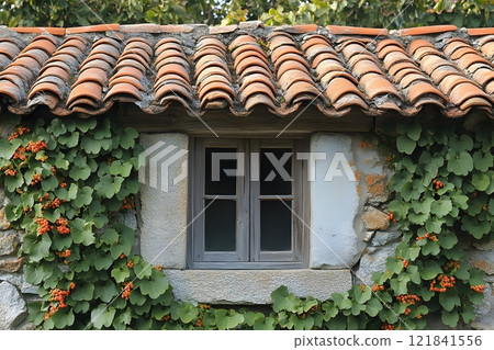 Rustic Stone Cottage with Vine-Covered Window and Clay Tile Roof Generative AI 121841556