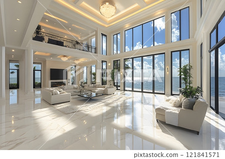 Luxurious Oceanfront Living Room with Expansive Windows and Modern Elegance Generative AI 121841571