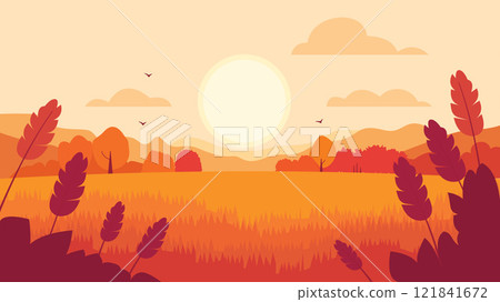 Wheat Field Nature Landscape with Mountains Hills View in the Morning 121841672