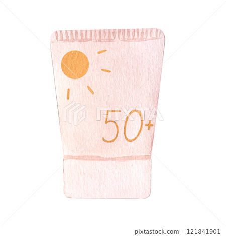 Sun cream pink tube with golden sun and 50 on it watercolor illustration isolated on white. Hand drawn high quality art great for packages, skin care information and products, ads blog posts design 121841901