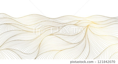 Vector gold white asian pattern, wave line sea, japanese style abstract water illustration. Luxury oriental poster, river banner. 121842070