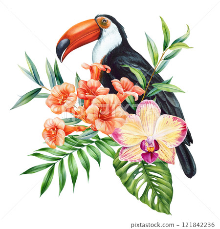 Toucan with tropical flowers and leaves. Exotic watercolor bird illustration for cards, posters, isolated jungle design Toucan with tropical flowers and leaves. Exotic watercolor bird illustration for cards, posters, isolated jungle design 121842236